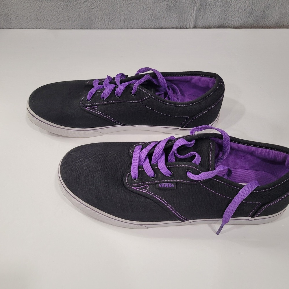 Vans Atwood Low Top Sneakers Black Canvas Purple Stitching Women's Missy Size 6 - Picture 6 of 11